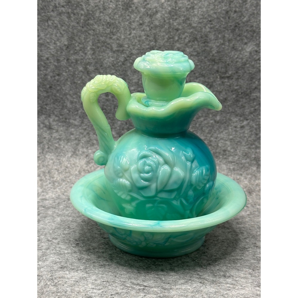 Vintage Avon Slag Glass Pitcher and Basin Set Turquoise Green Swirl Rose Floral